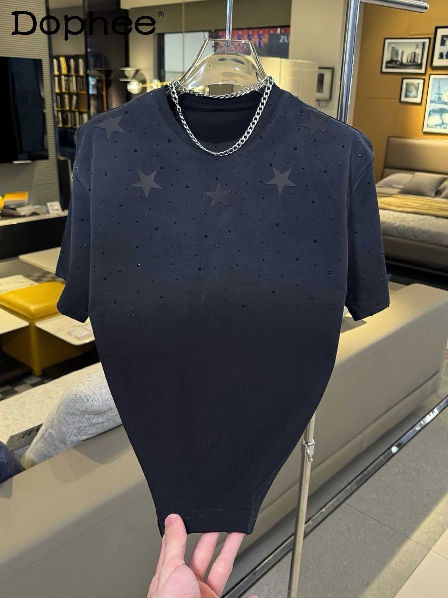 New Rhinestone Male T-Shirts Loose Round Neck Short Sleeve T-shirt Mens 2024 Summer New Fashion Versatile Casual Trendy T-shirtT250314