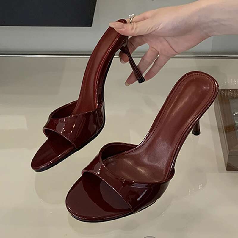 Liyke Wine Red Patent Leather Women Slippers Sandals Fashion Round Open Toe Thin High Heels Mules Slides Summer Party Dress Shoe