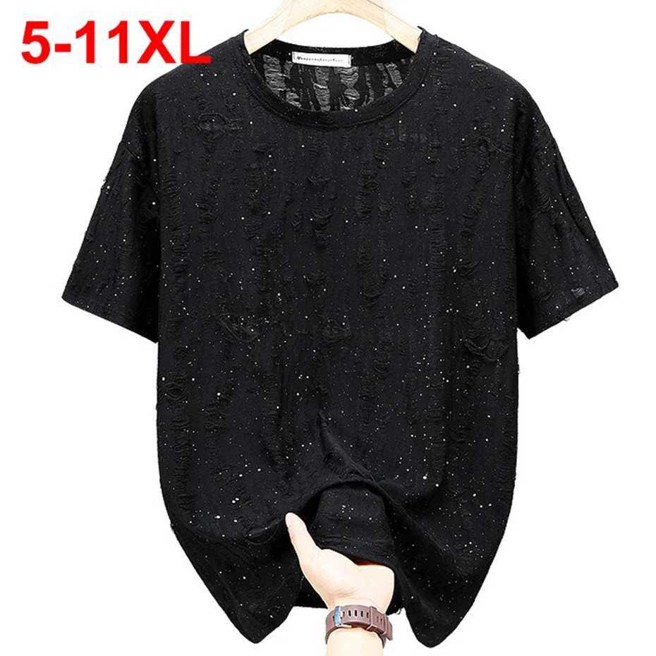 Rhinestone Fashion Men T Shirt Distressed Plus Size 11XL 10XL Black Gray T-shirt Summer Loose Casual Short Sleeve Tee Tops 9XLT250314