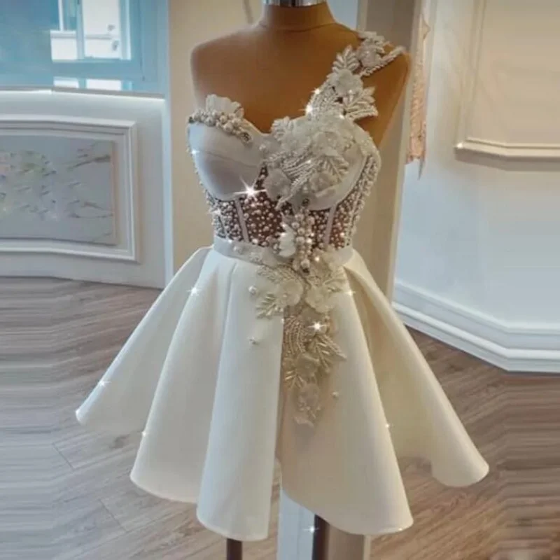 One Shoulder Short Prom Dresses Pearls Beaded 3D Floral Appliques White Mini Cocktail Party Gown 2025 A-line Homecoming Dress Custom Made