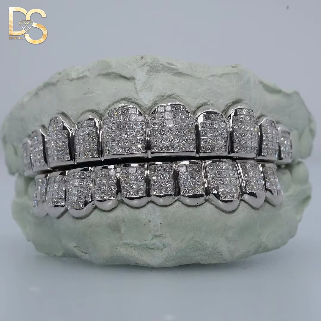 Custom 8 on 8 Teeth Deep Perm Cut VVS Moissanite Hip Hop Grillz Iced Out Sterling Silver 18K White Gold Grillz