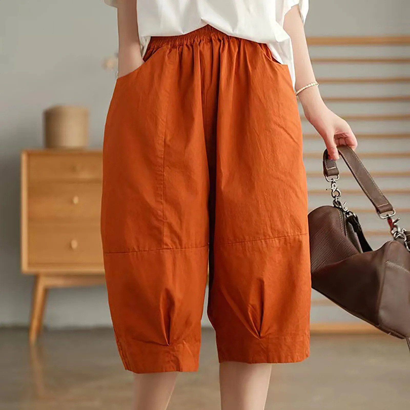 Womens Shorts With Pockets Elastic Breathable Loose Cotton Linen Half Length Pants Soft Cool Female Shorts Summer Streetwear 250313
