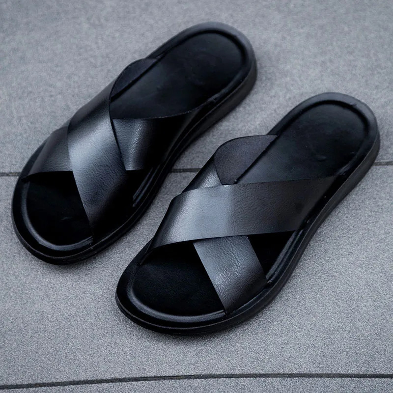 Men Shoes Italian Leather Slippers Men Beach Summer Shoes High Quality Big Size 38-47 Slip on Flats Male Flip Flops Mens Sandals 250310