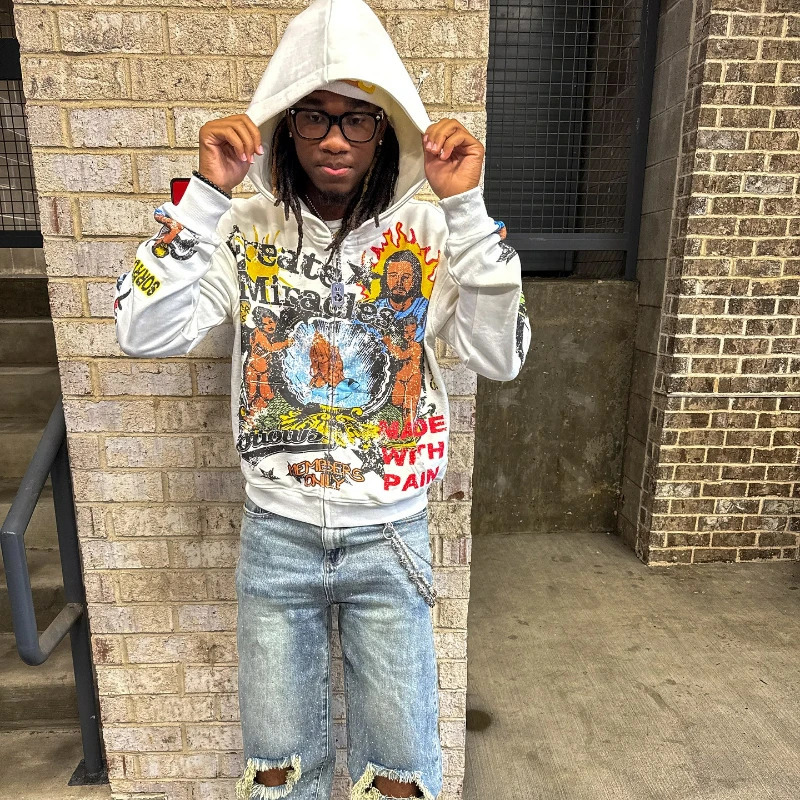 Y2K Messiah Zipup Hoodie Sorrow Creates Miracles Pattern Digital Printing Streetwear Retro High Street Trendy Unisex Pullover 250311