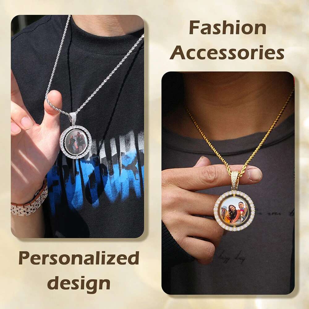 Custom Rotating Double Sides Medallions Necklace Iced out Circle Photo Chain Pendant Couple Valentine's Day gift