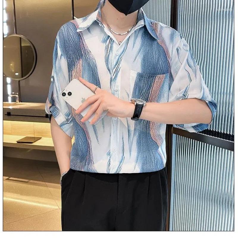 Trendy Mens Ice Silk Floral Three-Quarter Sleeve Korean Style Summer Casual Loose Fit High-End Asian Shirts