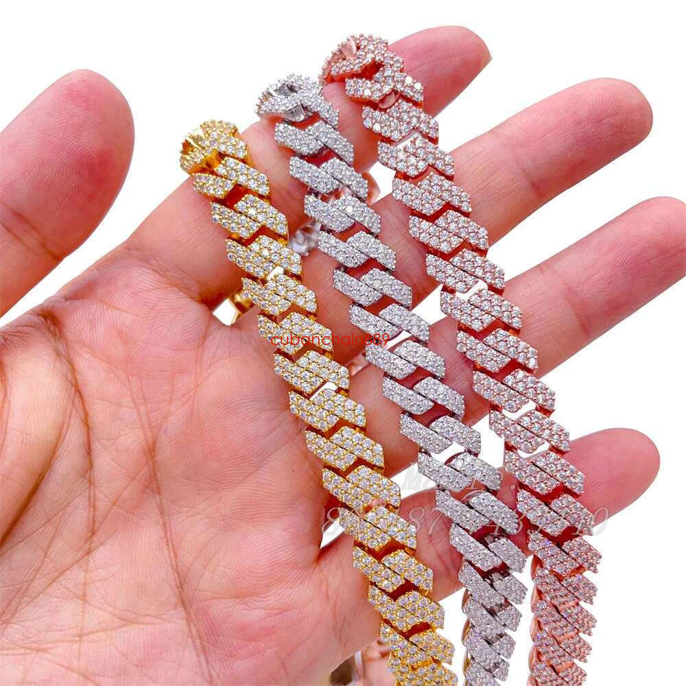 14MM wide 2 rows dia necklace designer for men high quality cuban k rock rapper hip hop gold plated stainless steel jewelry moissanite chain