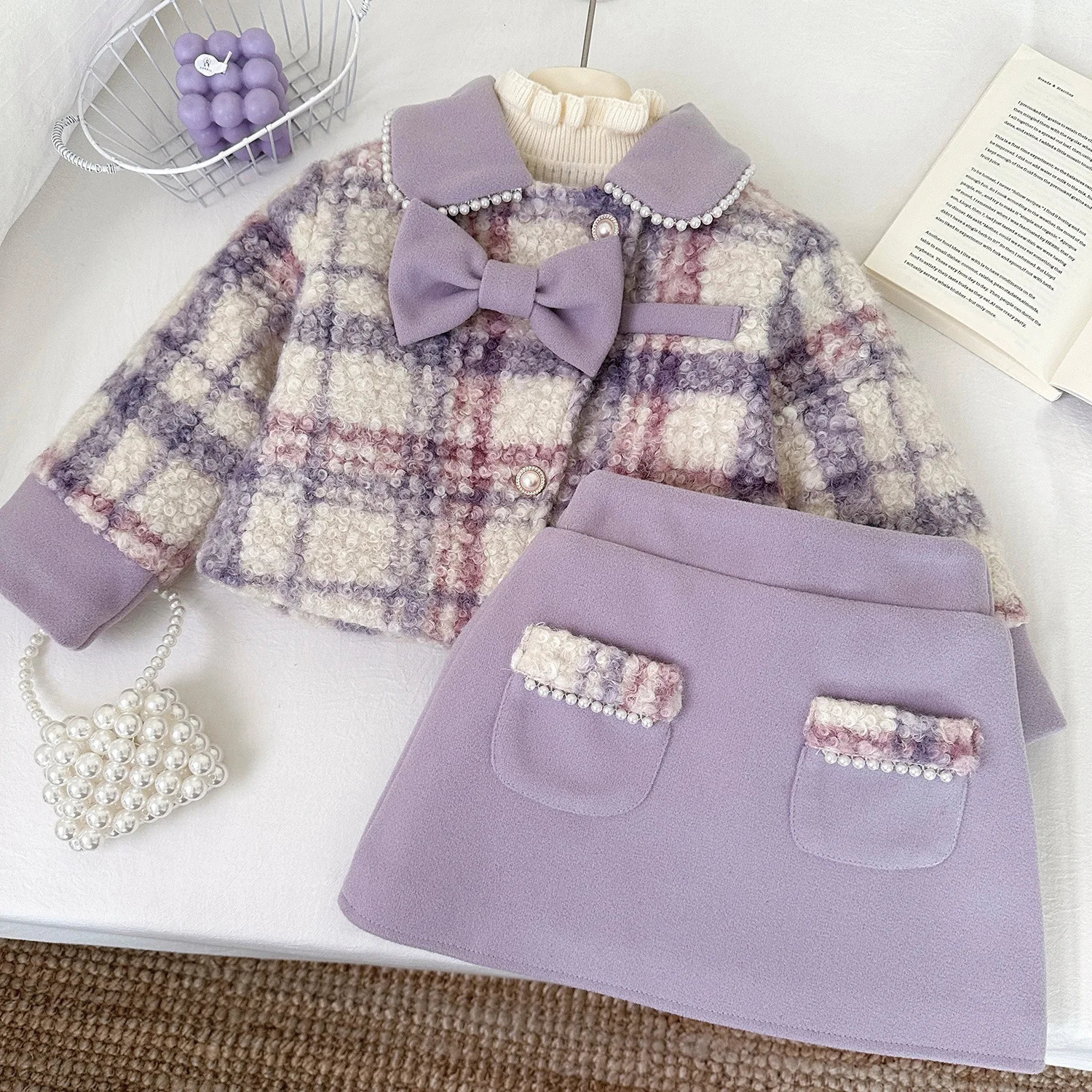 2pcs Girls Tweed Tassel Clothing Sets Flower Jackets Top and Skirt Suits Kids Outfit for 1-10Ys Children Fashion 250314