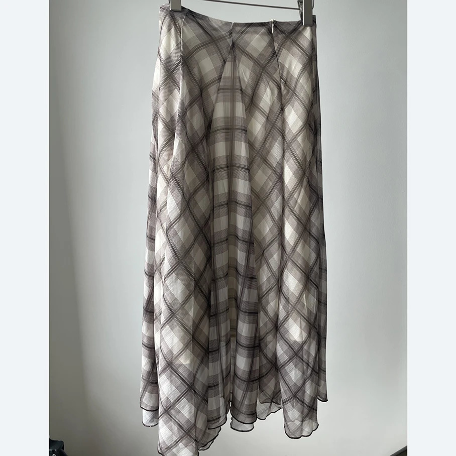 Flowing Check Midi Skirt Spring/Summer Collection Retro Long Style Seaside Vacation Casual Brown Womens Clothing 250311