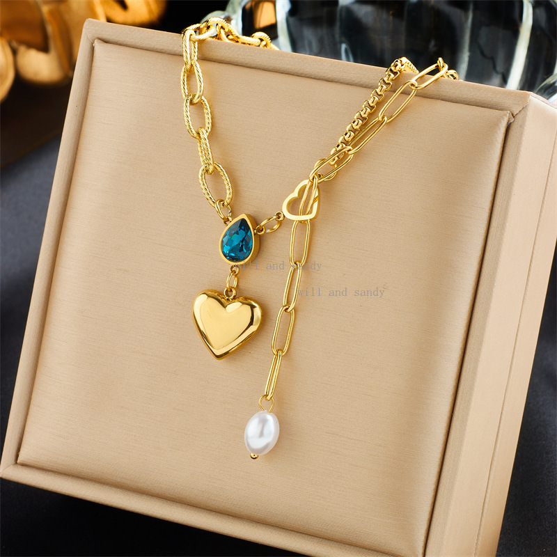 18k Gold Love Heart Pendant Necklace Designer Crystal Water Drop Gold Chain Stacking Necklaces Cuff Woman Fashion Golden Jewelry