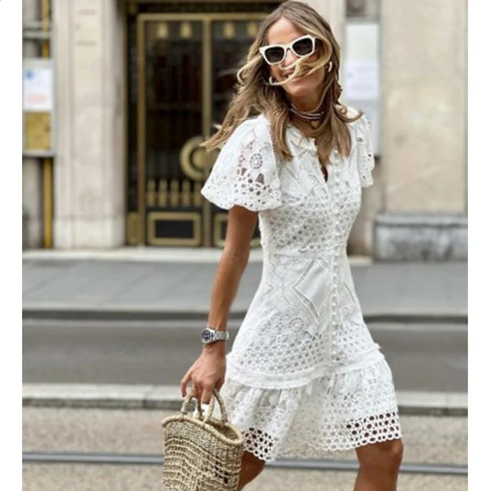 Dress Women Lace Slim Fits Solid Mini Package Hip Short Sleeve Bodycon Dress V-neck Summer French Style Sheath Dress 250313