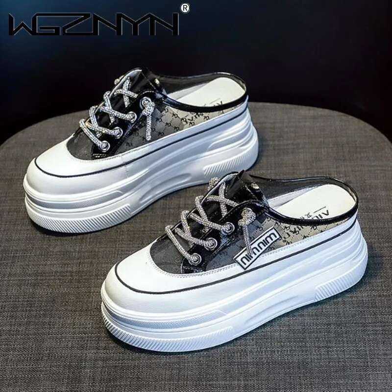 2025 New Baotou Women's Half Slippers Designer Trendy Fashion Mesh Breathable Heerless Thick Bottom White Shoes1