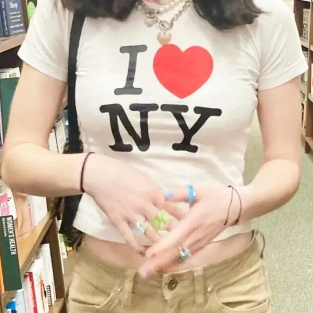 Crop Tops I love NY 2000s Streetwear Harajuku women T-shirt Short Sleeve Y2K Fashion Letter Print Cute Tees E-s Slim 250314