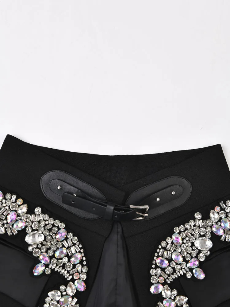 EAM Black Irregular Rhinestones Belted Mini Half-body Skirt High Waist Women Fashion Spring Autumn 2025 JY75801 250313