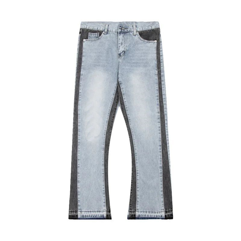 Men's Jeans American Retro Washed Letter Spliced Denim Trousers High Street Trendy Brand Couple Loose Straight Micro-flared Long