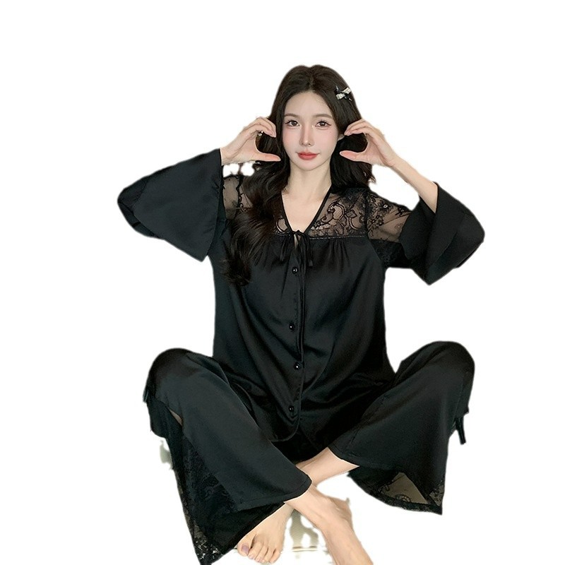 B514-New long-sleeved ladies summer ice silk pajamas spring and autumn high-end French lace home clothes suit