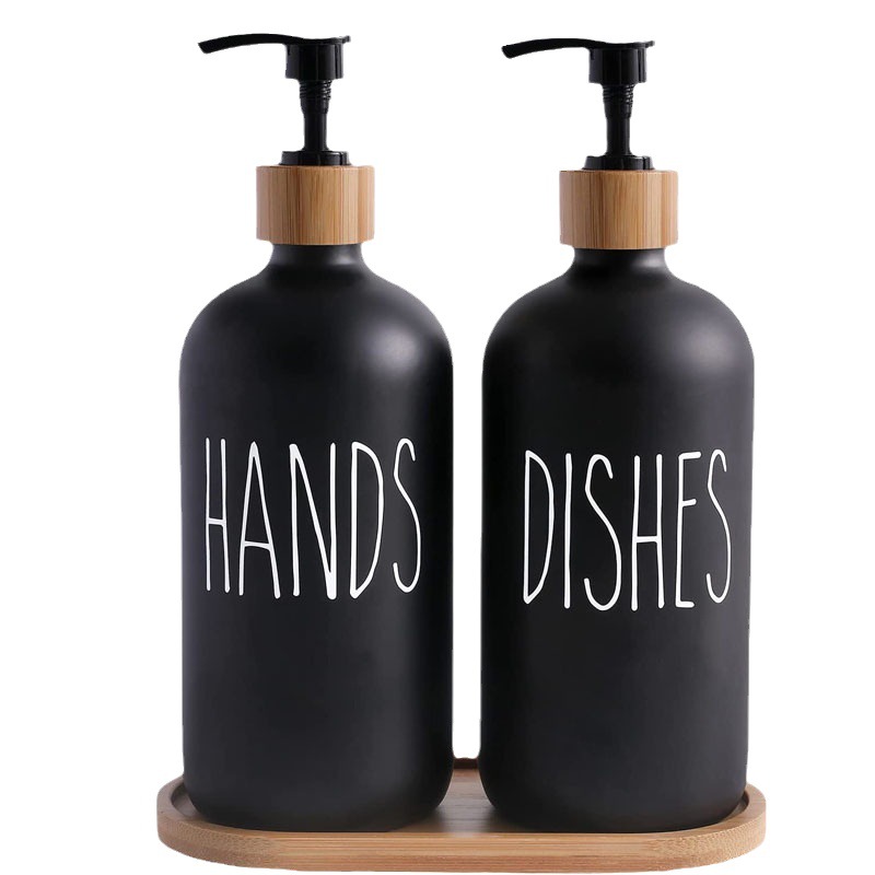 Glass Soap Dispenser with Bamboo Pumps and Tray 2 Pack 16oz Dish and Hand Soap Dispenser Set for Kitchen Bathroom WLL2548