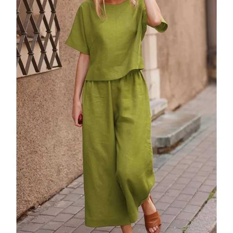 New casual women set loose solid color shirt with cotton and linen patchwork round neck short sleeved top and pants twopiece setT250314