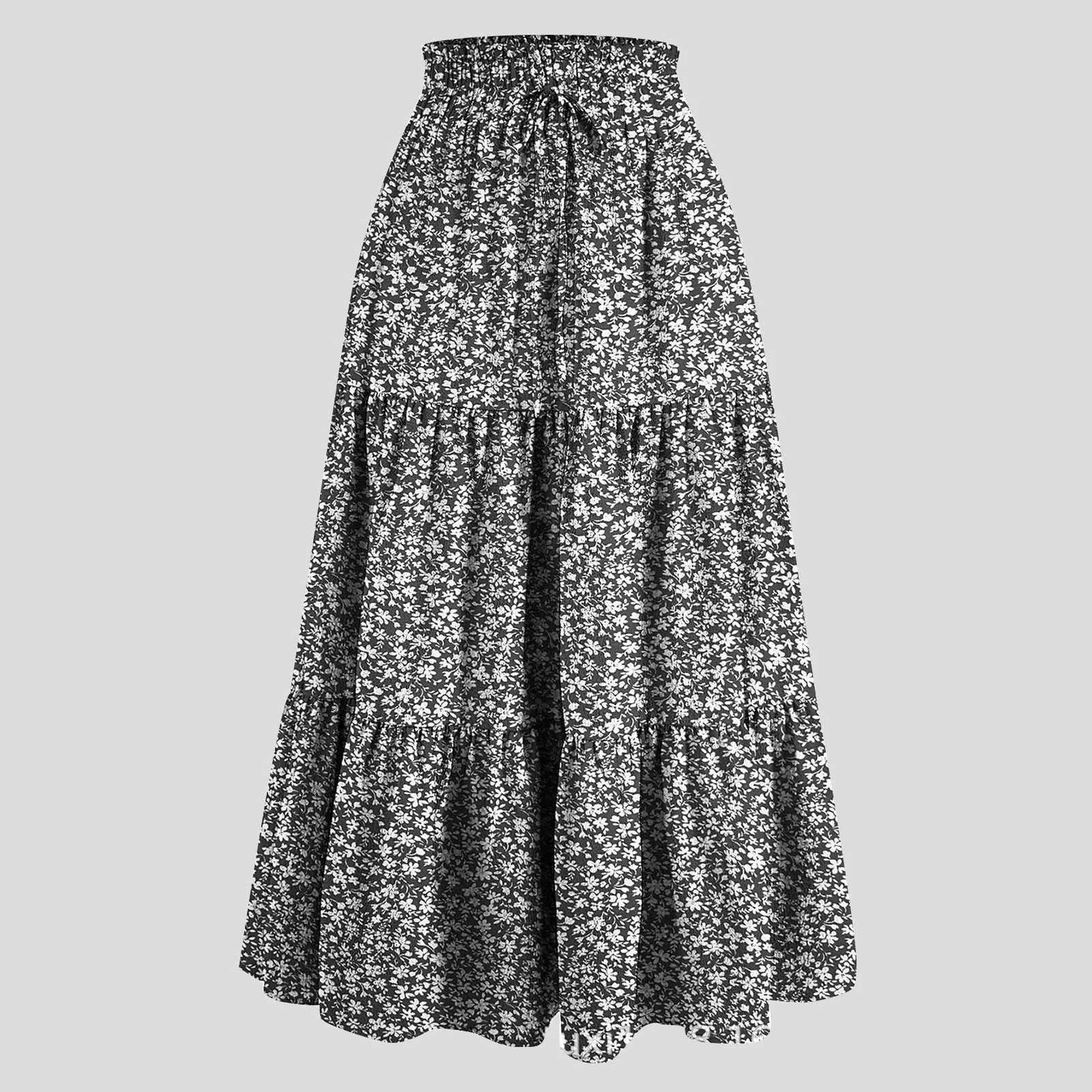 Skirts Womens Bohemian retro floral print Maxi leather elastic high waist pleated tassel A-line long kayak toddler autumn 2025 Falda Short Y250314CYGH