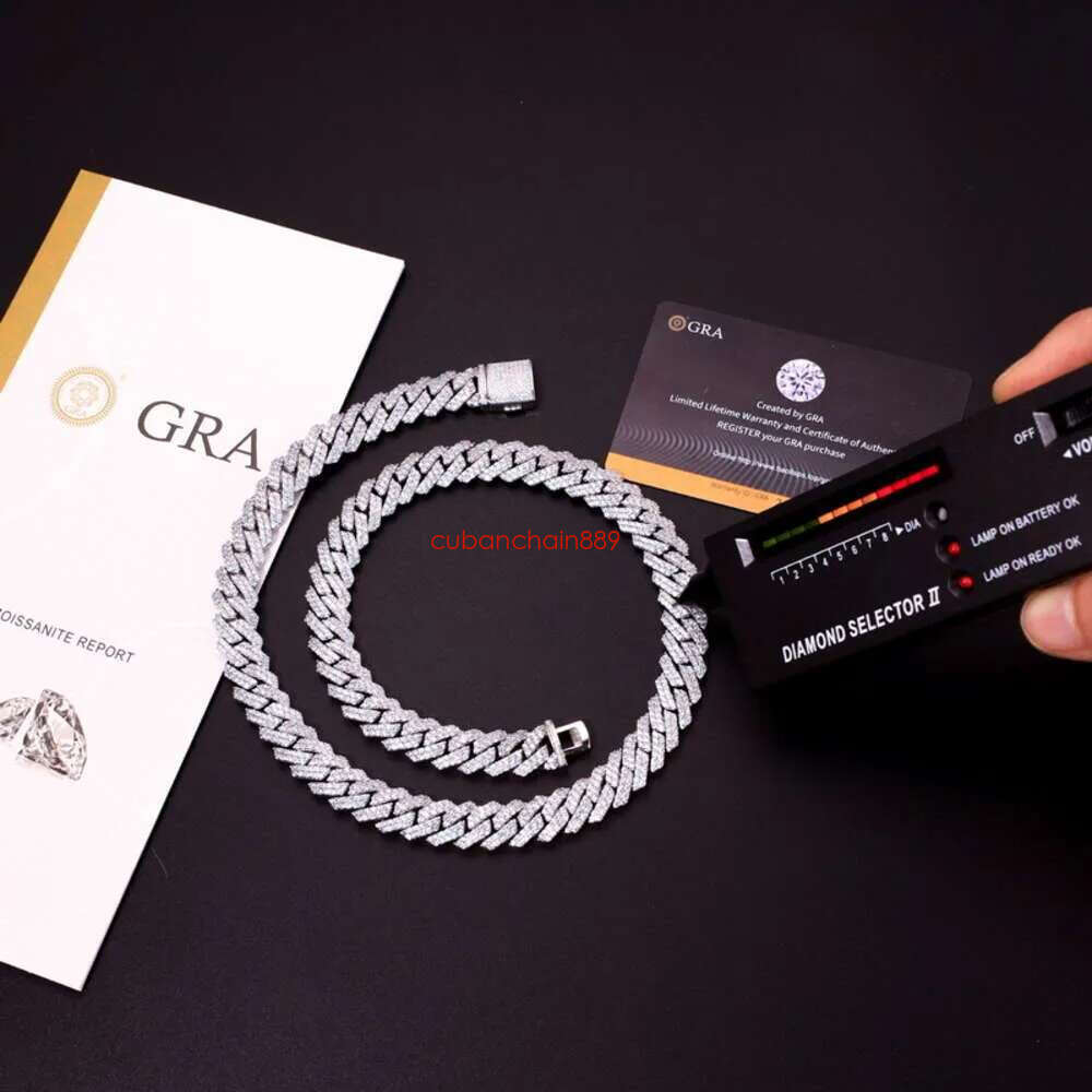 Designer Necklace Hip Hop 2 Rows Stones 14mm Sterg Sier White Gold Plated Iced VVS Dia Moissanite Cuban k Chain Rock Jewelry Gift with Gra