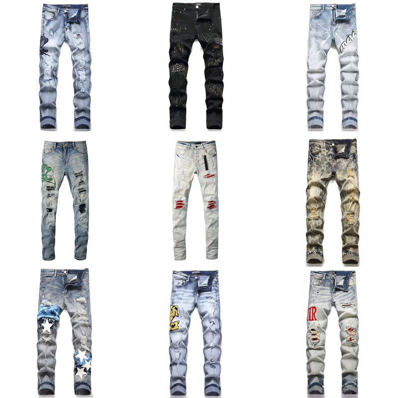 Designer Men's Jeans High Street Hip Hop Jeans Vintage Trend Paint Dot Slim Trousers Solid Colour Zip Hole Jeans