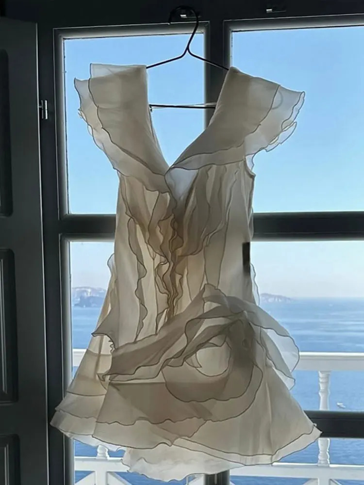 Irregular Ruffle Flower Dress Women V Neck Sleeveless Pleated High Waist Dresses 2025 Spring Summer Sweet Soft Lady Beach Gowns 250313