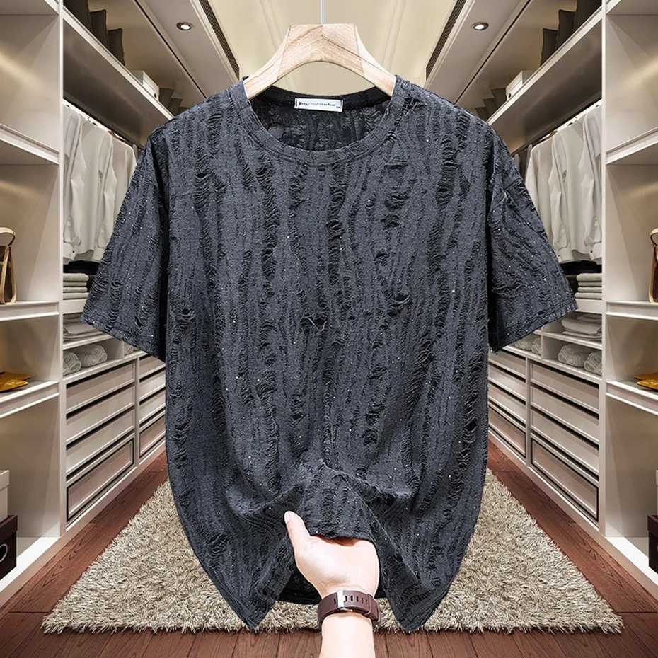 Rhinestone Fashion Men T Shirt Distressed Plus Size 11XL 10XL Black Gray T-shirt Summer Loose Casual Short Sleeve Tee Tops 9XLT250314