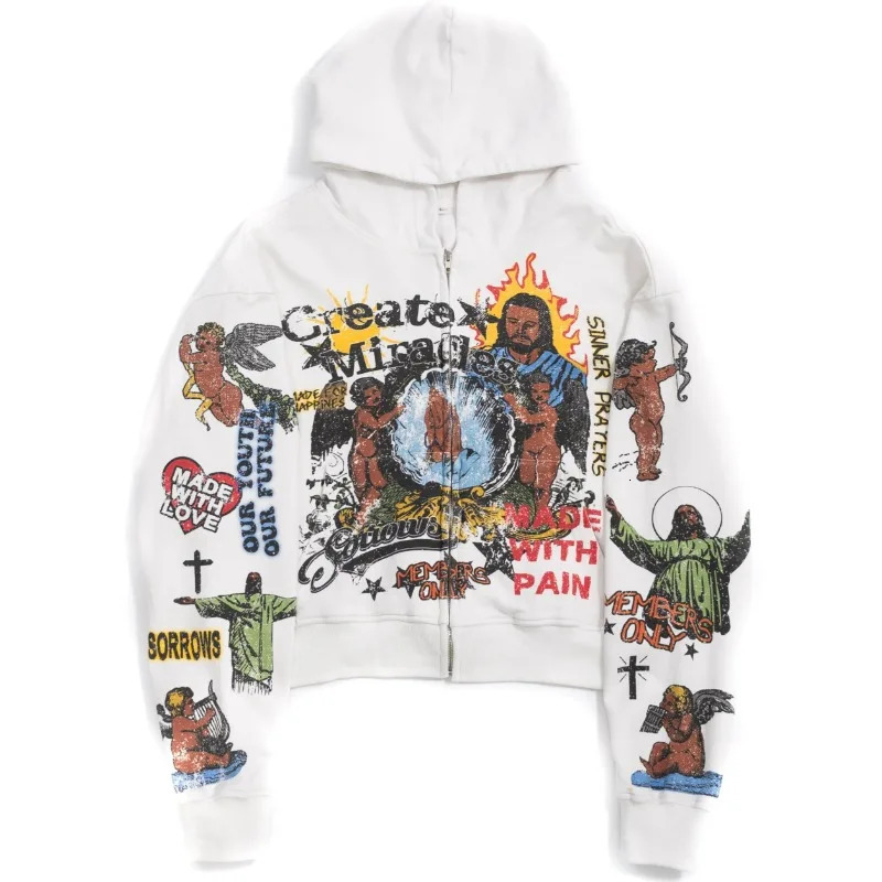 Y2K Messiah Zipup Hoodie Sorrow Creates Miracles Pattern Digital Printing Streetwear Retro High Street Trendy Unisex Pullover 250311