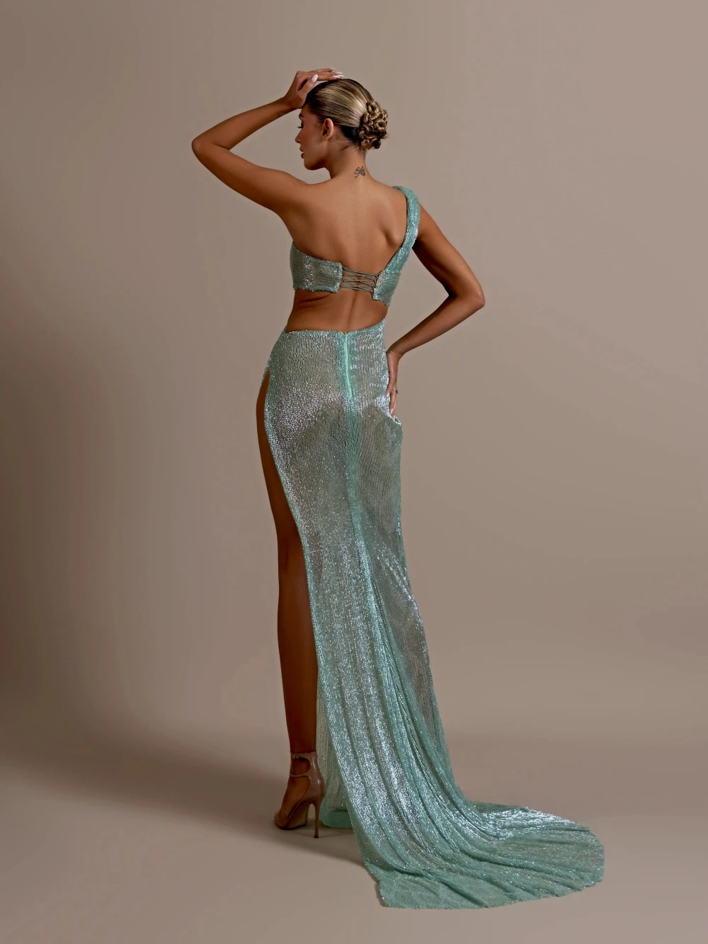 Fashion Evening Dresses For Women One Shoulder Sleeveless Gown Sequins Split Side Backless Sweep Train Party Customized Dress