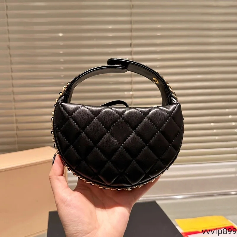 Ladies Designer Mini Lovely Clutch Round Bag Gold Metal Hardware Handle with Adjustable Buckle Diamond Lattice Luxury Coin Purse Leather Cosmetic Case Handbag 12cm