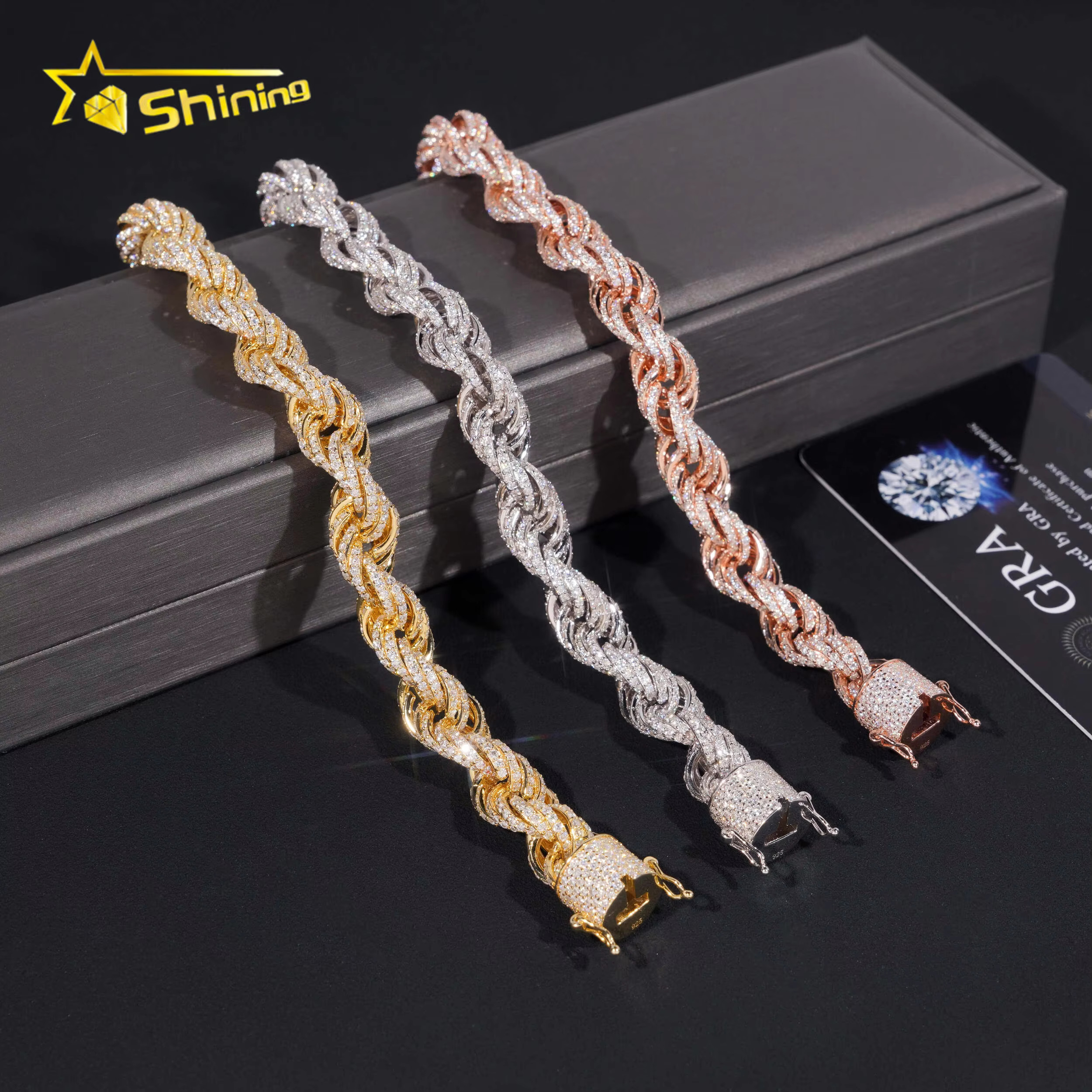Iced Out Moissanite Rope Chain Sterling Silver 925 Gold Plated Moissanite 10mm Bracelets Hip Hop Mens Jewelry