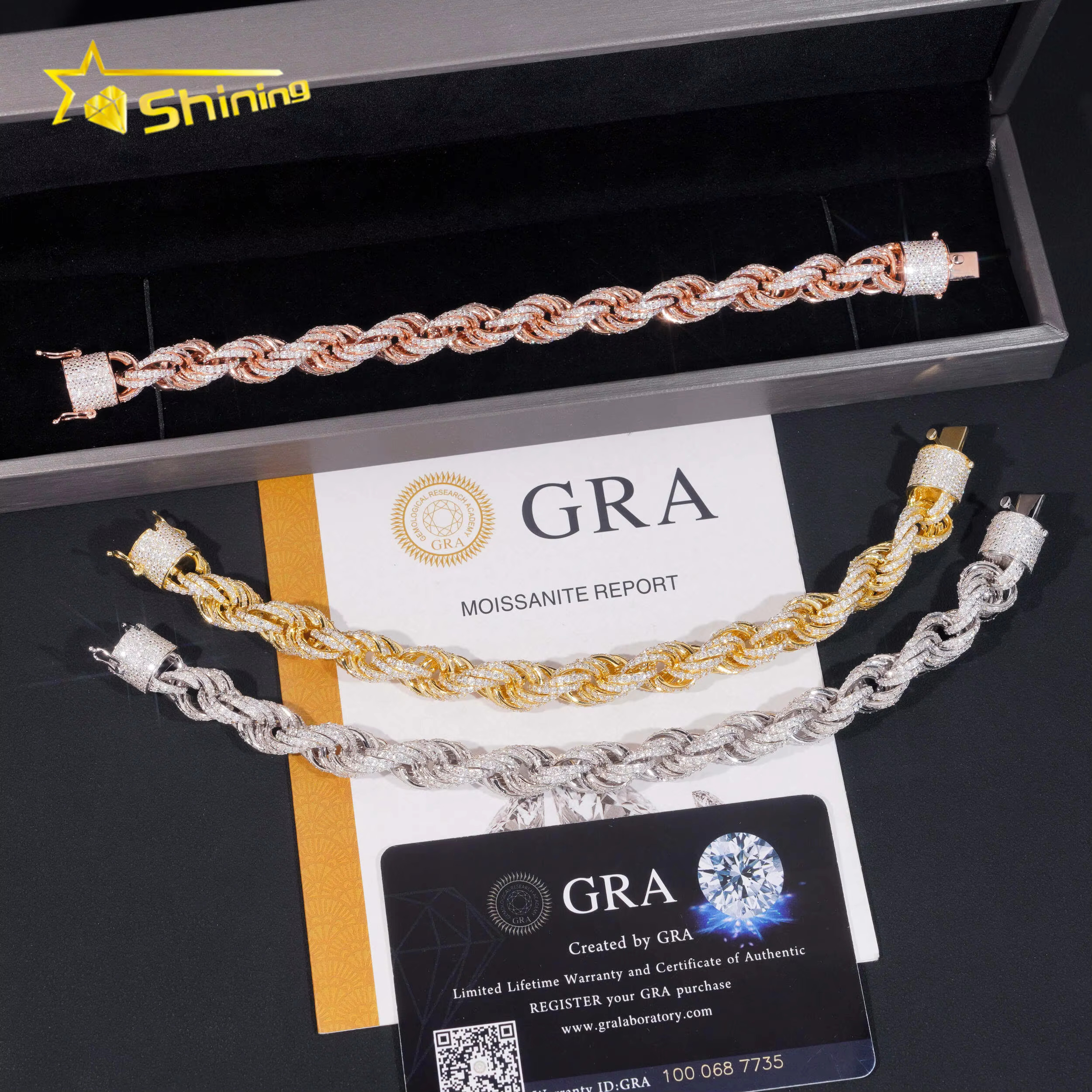 Iced Out Moissanite Rope Chain Sterling Silver 925 Gold Plated Moissanite 10mm Bracelets Hip Hop Mens Jewelry