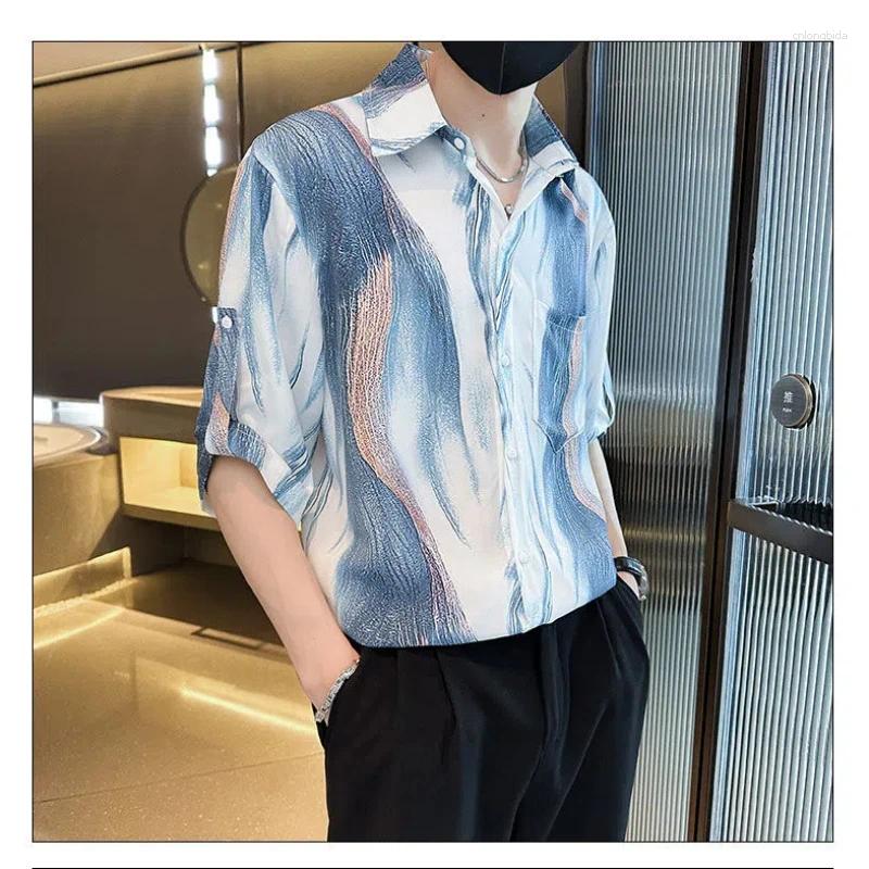 Trendy Mens Ice Silk Floral Three-Quarter Sleeve Korean Style Summer Casual Loose Fit High-End Asian Shirts