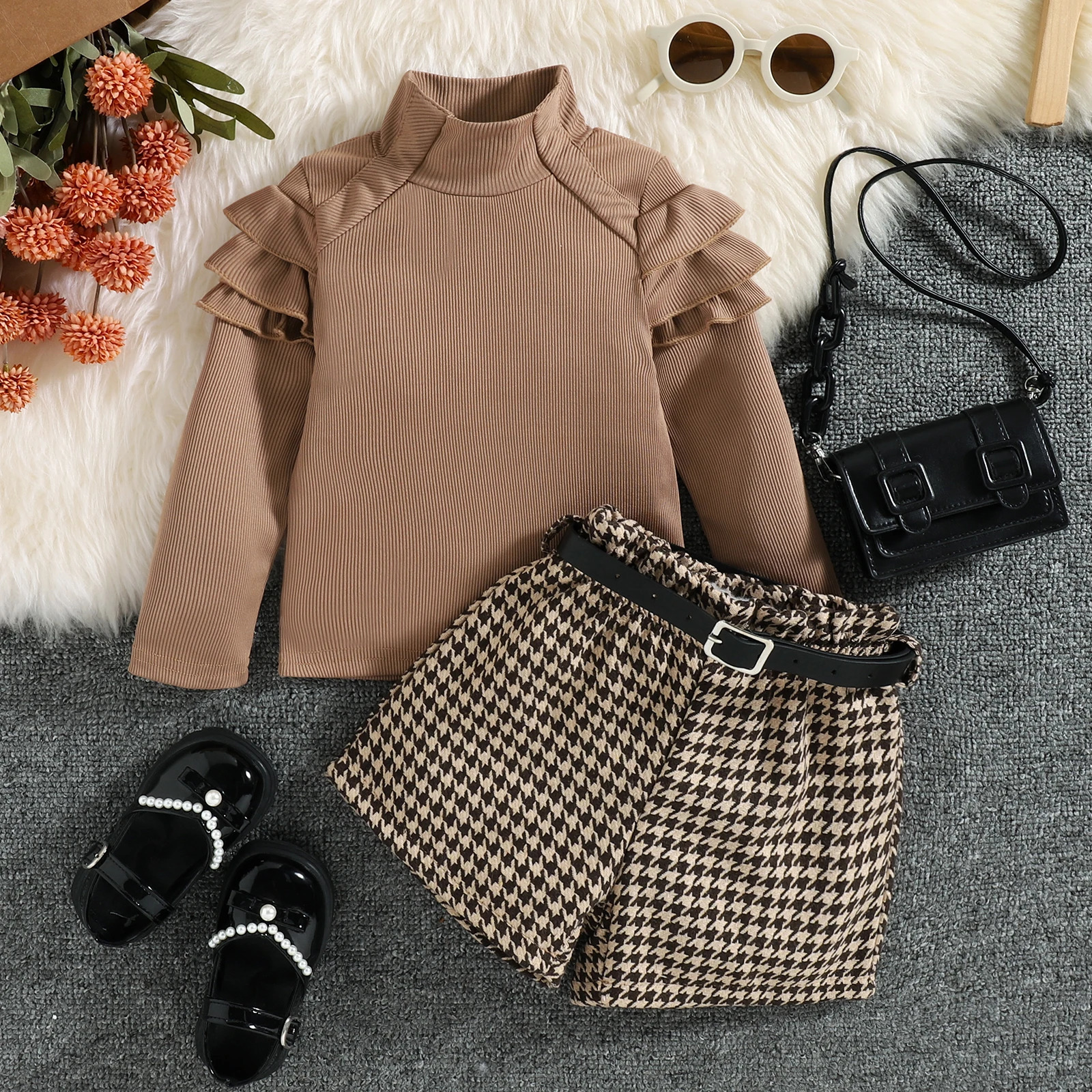 3PCS Autumn Style 1-5 Year Old Girl Baby Fashionable Casual High-Neck Solid Color Top Houndstooth Shorts Set 250314
