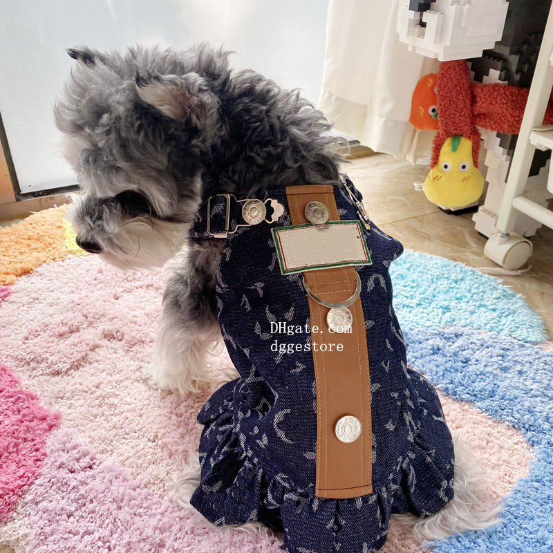 free shipping Designer Denim Dress, Puppy Overall Dress for Small Medium Cat Girls Adjustable Pet Jean Skirt with Leather Strip Decoration Female Dog 