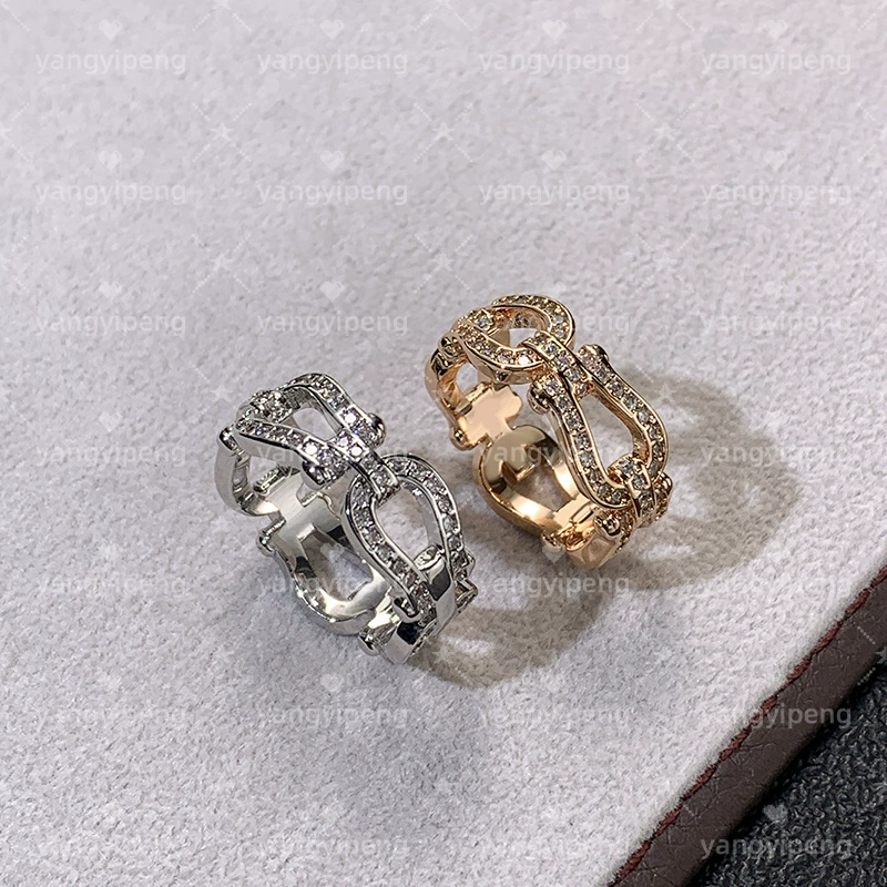 Famous designer's hoof buckle ring with thickened 18k rose gold plating, fashionable full diamond couple ring, niche