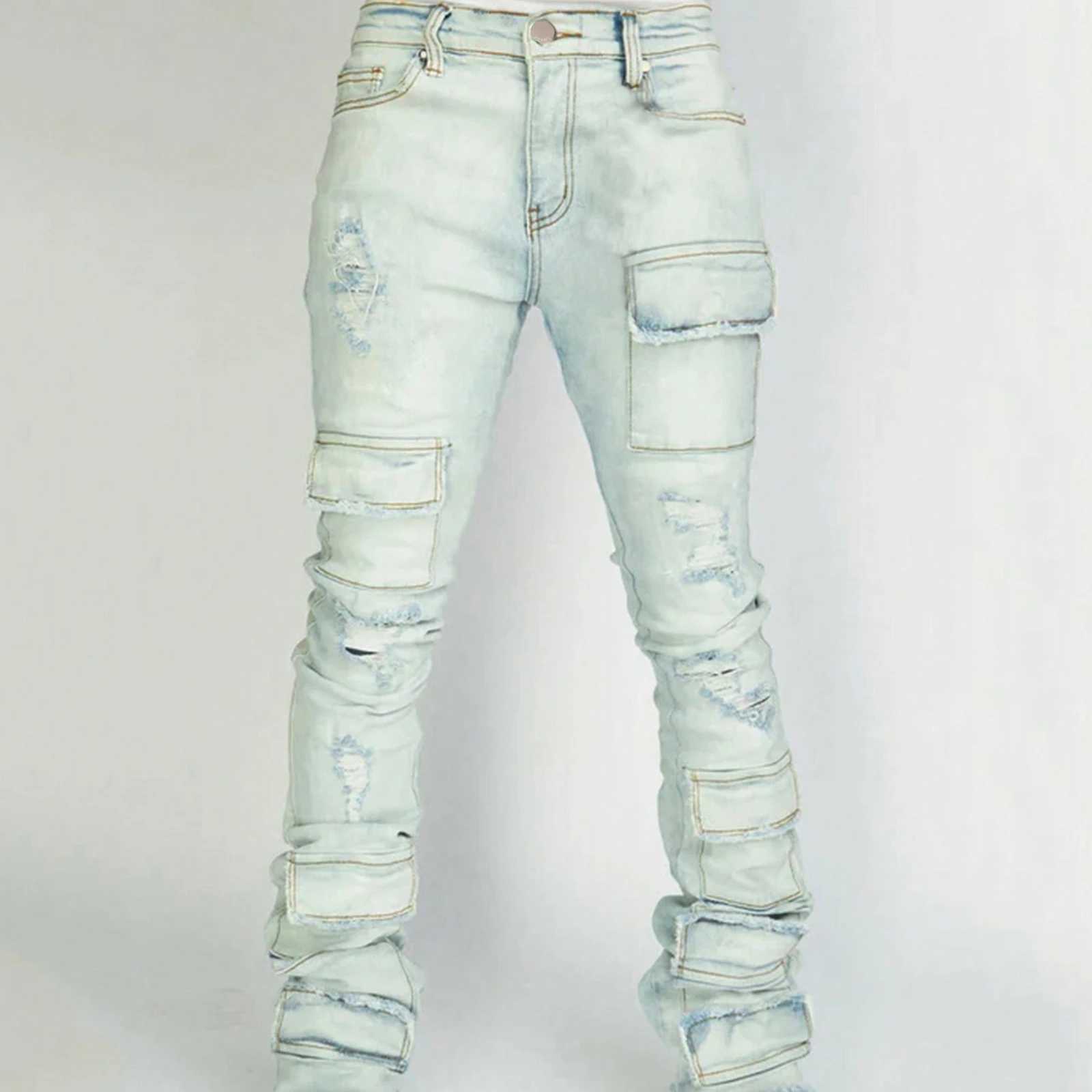 Mens Stacked Jeans Slim Fit Ripped Jeans Destroyed Straight Denim Pants Harajuku Hip Hop Trouser Fashion StreetwearT250314