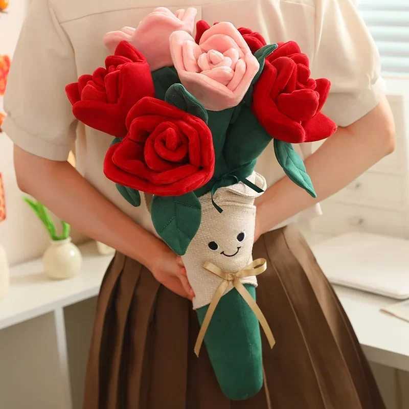 Fun Romantic Red Rose Bouquet Doll Plush Toy Heart Holding Flower Doll Creative Bouquet Home Decoration Valentines Day GiftXJ250314