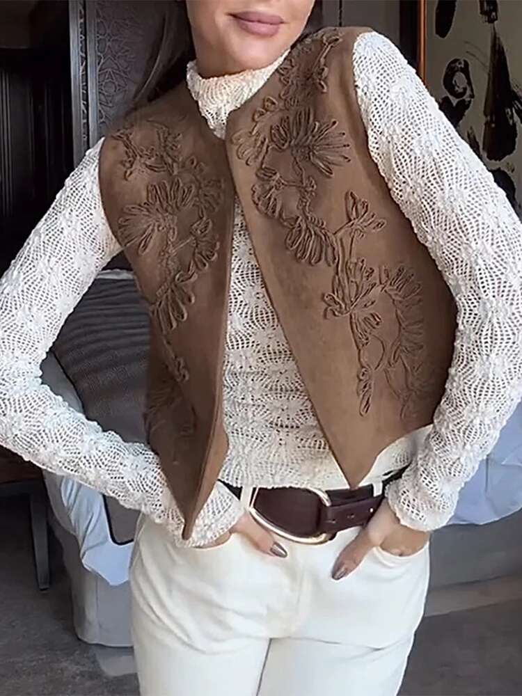 Elegant Embroidery Wer O-Neck Vest Women Casual Loose Sleeveless Waistcoat Female Spring Chic High Street Outwear Tops