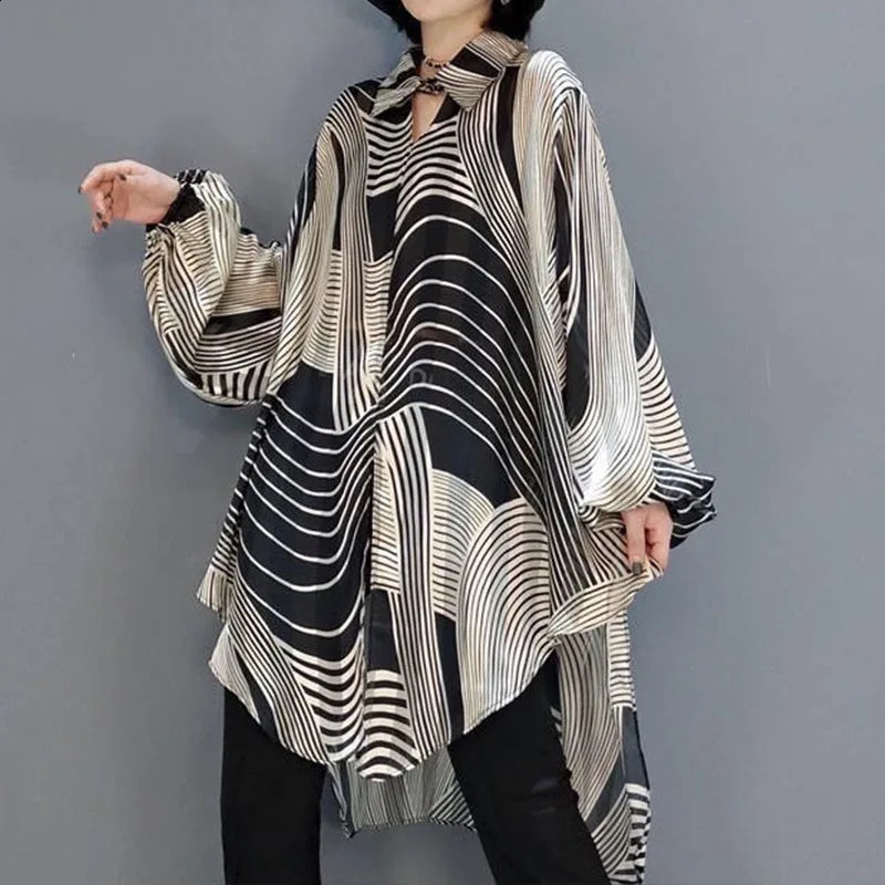 Oversized Striped Chiffon Summer Shirt Women Blouse Holiday Style Ladies Casual Sunscreen Loose Large Shirts 4XL Tops 250313