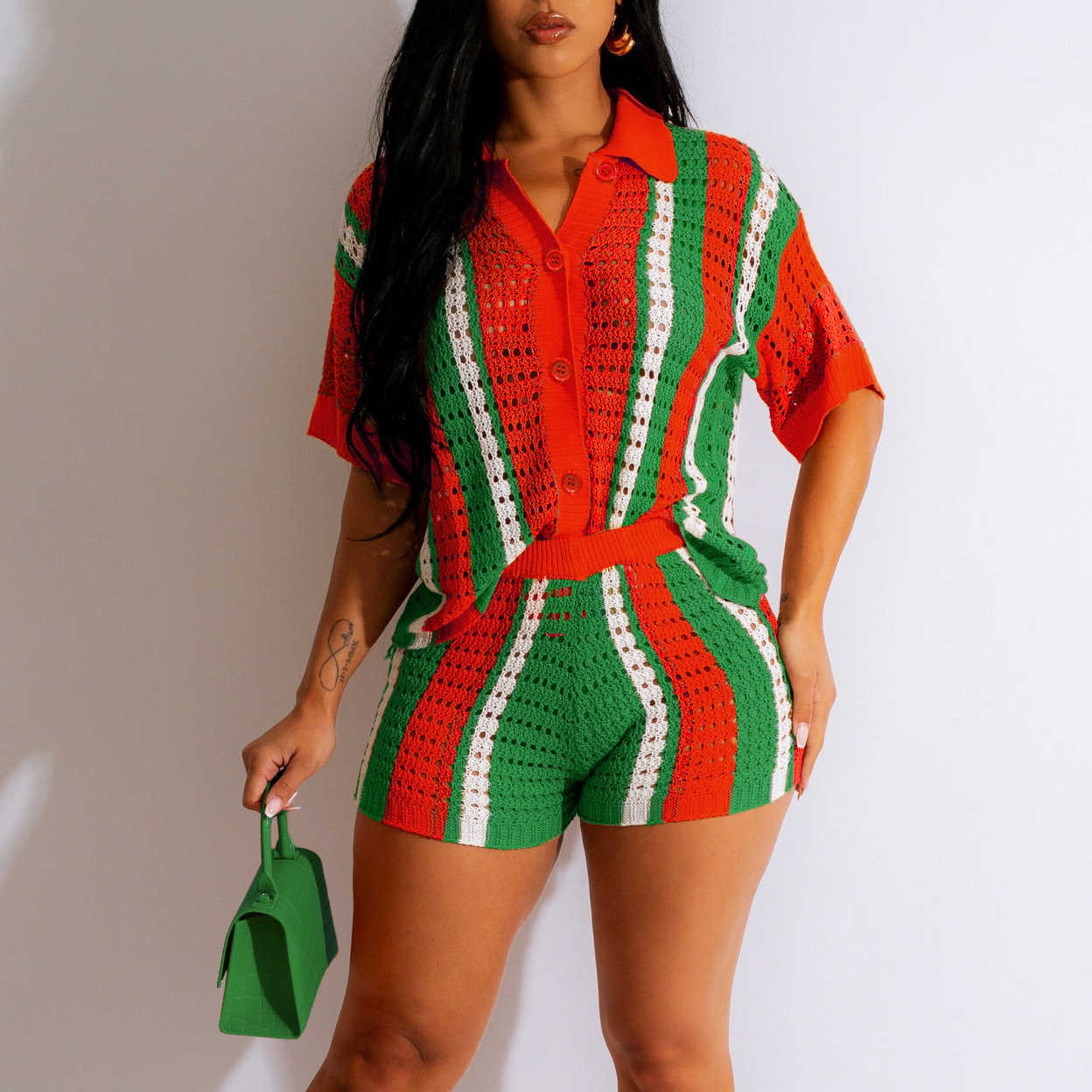 Womens sexy womens hollowed out perspective contrasting lapel knit shorts set T250313