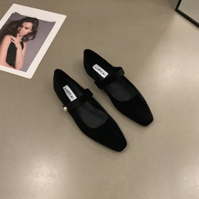 Pearl Elegant Buckle Velour Mary New Jane Shoes Woman Concise Veet Ballet Flats Ladies Evening Party Low Heel Pumps In Wine-Red 730f