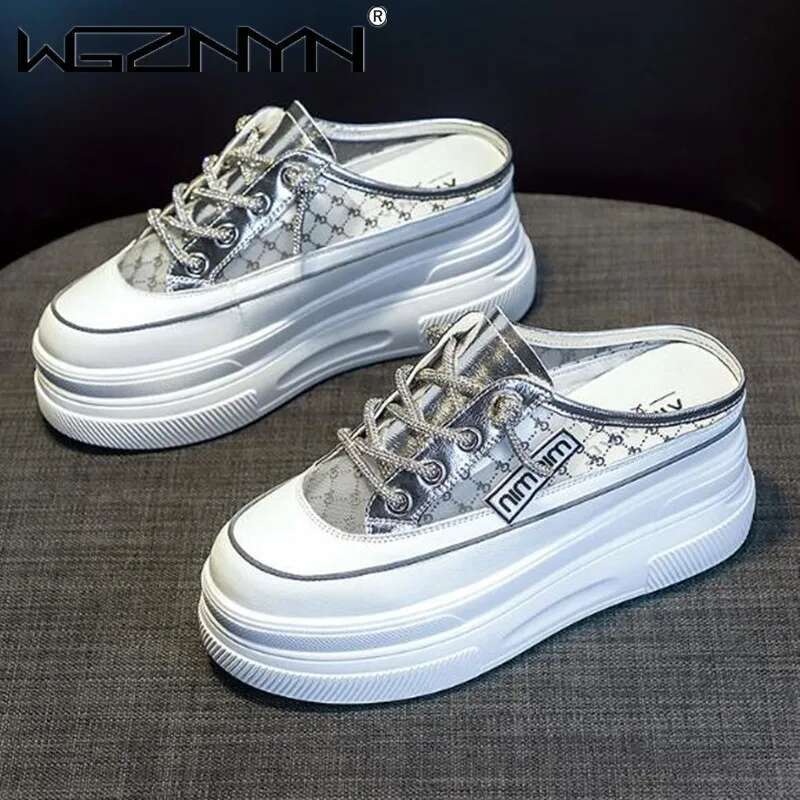 2025 New Baotou Women's Half Slippers Designer Trendy Fashion Mesh Breathable Heerless Thick Bottom White Shoes1