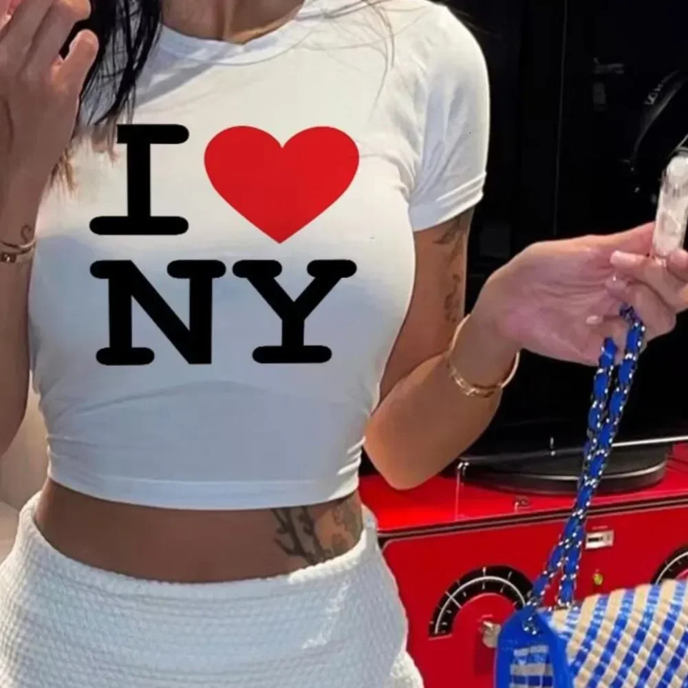 Crop Tops I love NY 2000s Streetwear Harajuku women T-shirt Short Sleeve Y2K Fashion Letter Print Cute Tees E-s Slim 250314