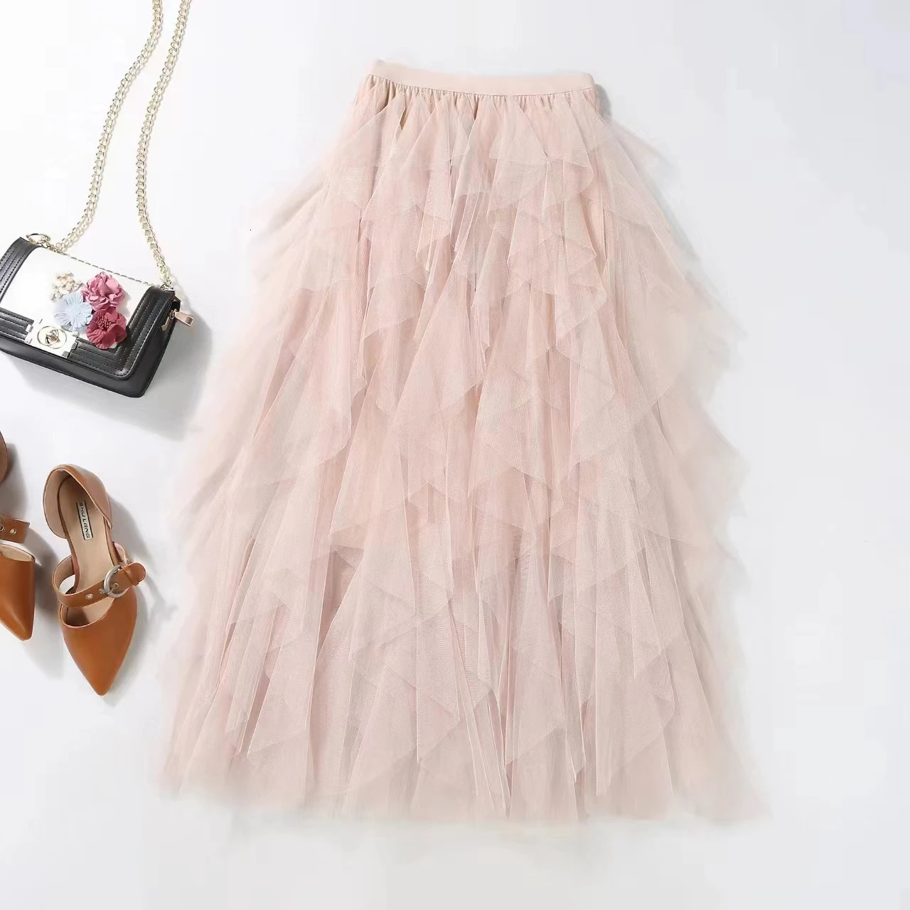 Womens Half Length Skirt Irregular Mesh High Waisted Versatile Slimming A-line Fluffy Gauze Medium Length Half Length Skirt 250314