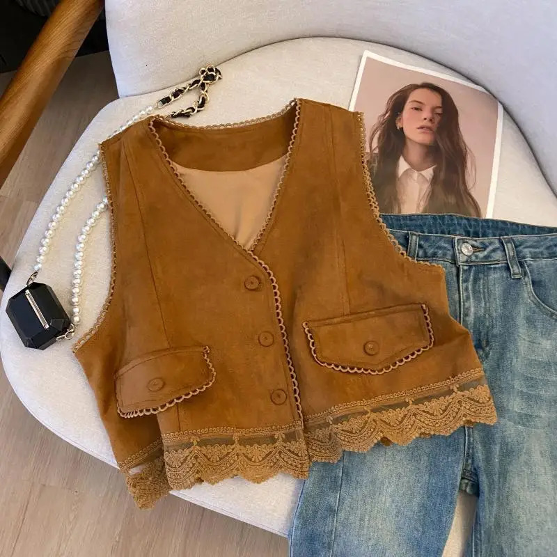 Womens Suede Vest Lace Patchwork Waistcoat 250314