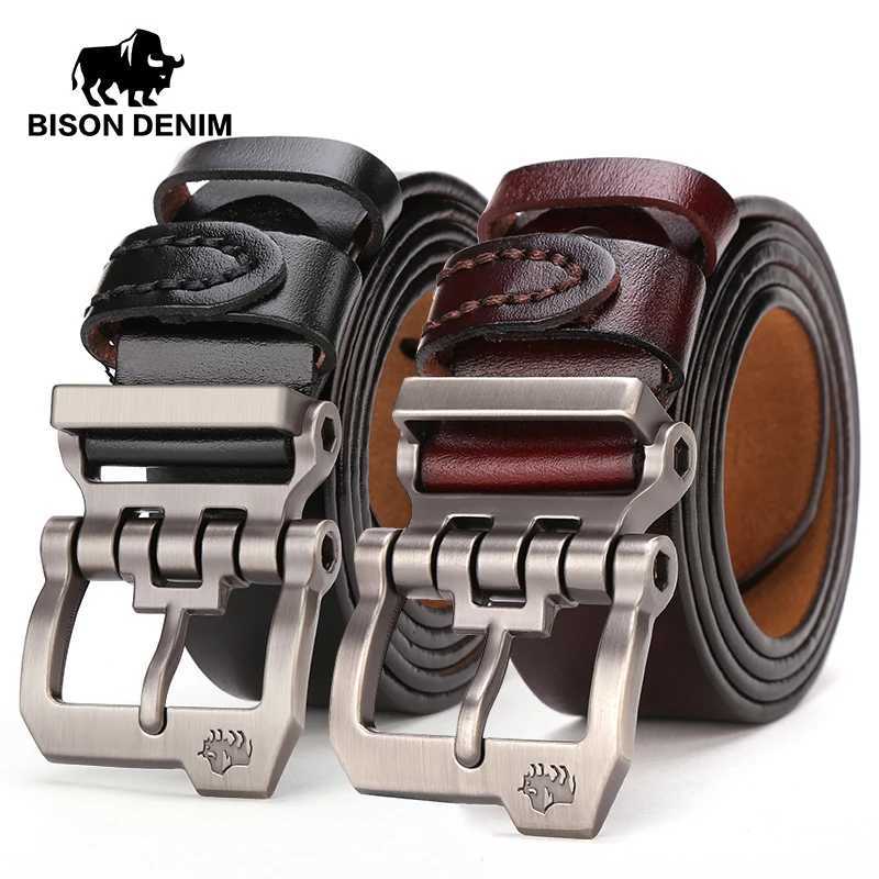 BISON DENIM leather mens belt high-quality retro business personality pin buckle M belt jeans mens gift X250314