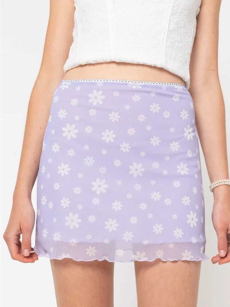 Skirts Womens Skirt Flower Printed Mesh Double Layer High Waist Mini Skirts 2025 New Summer Strtwear Club Boydcon Retro Y2K Skirt Y250314U7AV