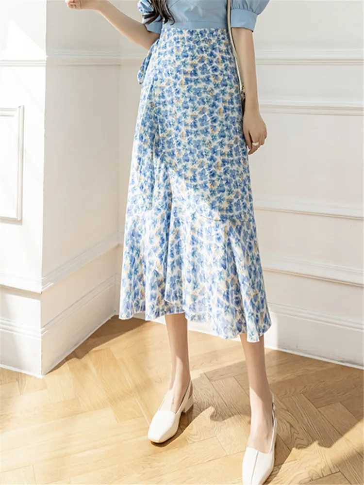 Skirts Realfert New Flower Printing A-line Skirts Bohemia 2025 Summer Spring High Waist Retro Womens Midi Length Integrated Skiing Y250314LX5O