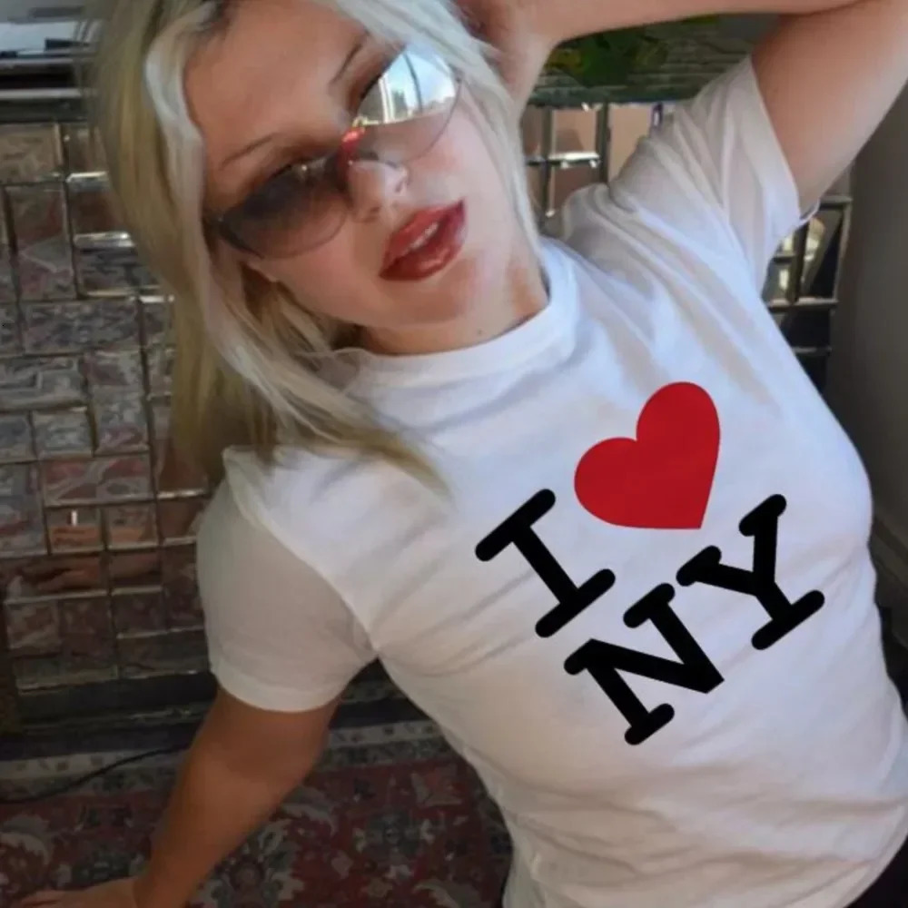 Crop Tops I love NY 2000s Streetwear Harajuku women T-shirt Short Sleeve Y2K Fashion Letter Print Cute Tees E-s Slim 250314